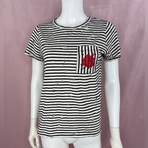 Lauren Moshi Womens Short Sleeve Striped Distressed Tee Shirt Too Size XS